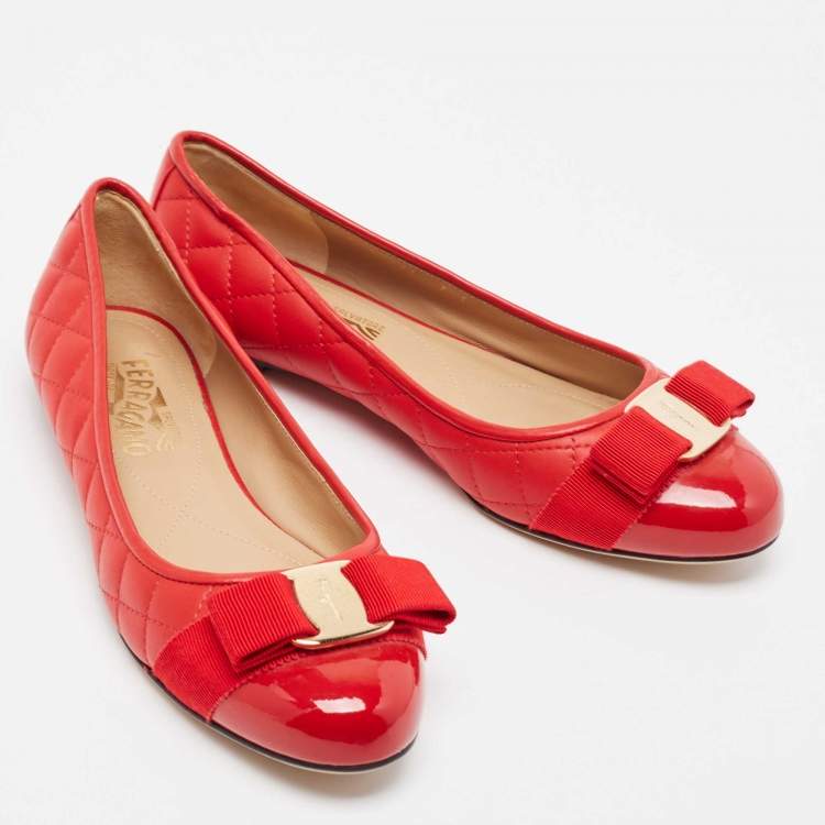 Pre Owned Salvatore Ferragamo Red Patent and Leather Varina Ballet Flats Size 37.5