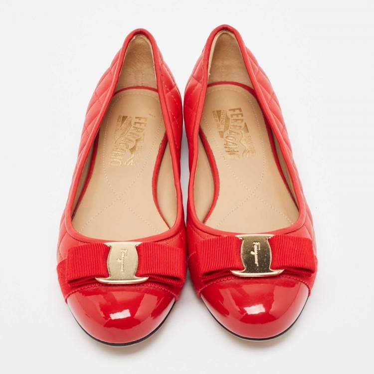 Pre Owned Salvatore Ferragamo Red Patent and Leather Varina Ballet Flats Size 37.5