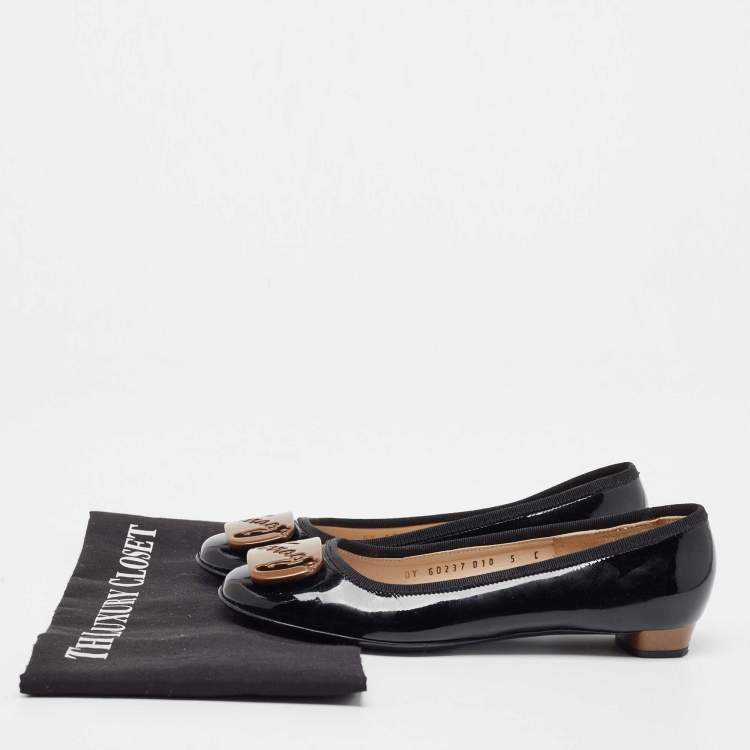 Pre Owned Salvatore Ferragamo Black Patent Leather  Buckle Ballet Flats Size 35.5