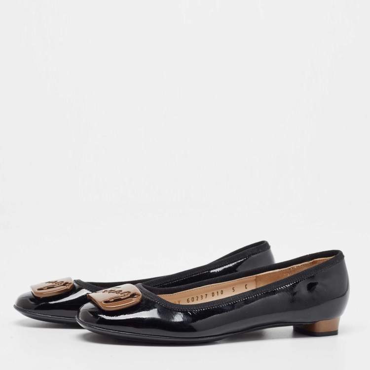 Pre Owned Salvatore Ferragamo Black Patent Leather  Buckle Ballet Flats Size 35.5