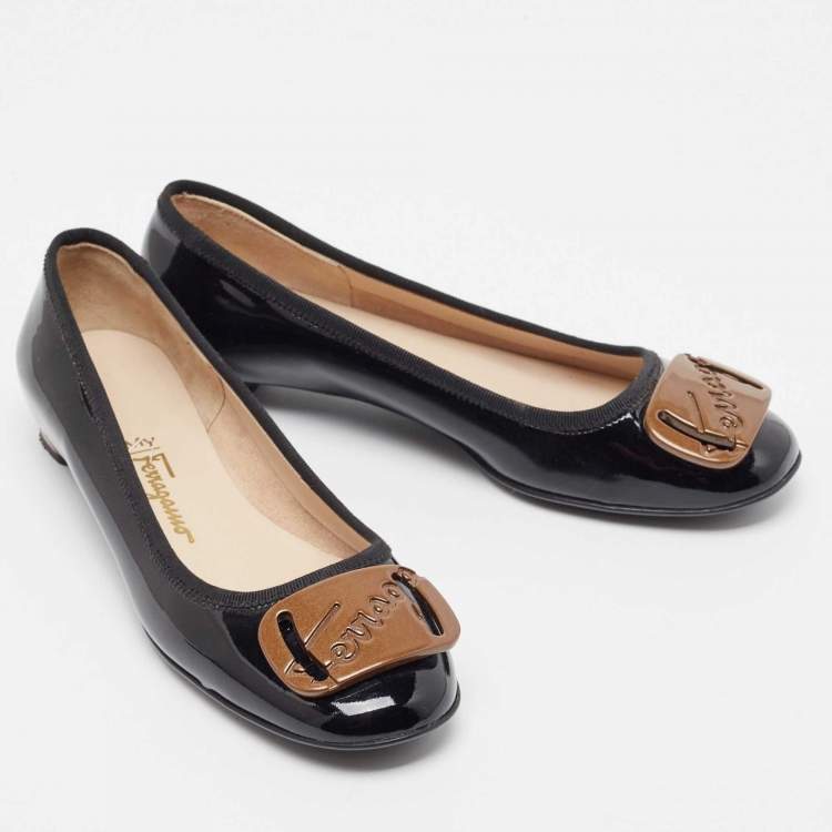 Pre Owned Salvatore Ferragamo Black Patent Leather  Buckle Ballet Flats Size 35.5
