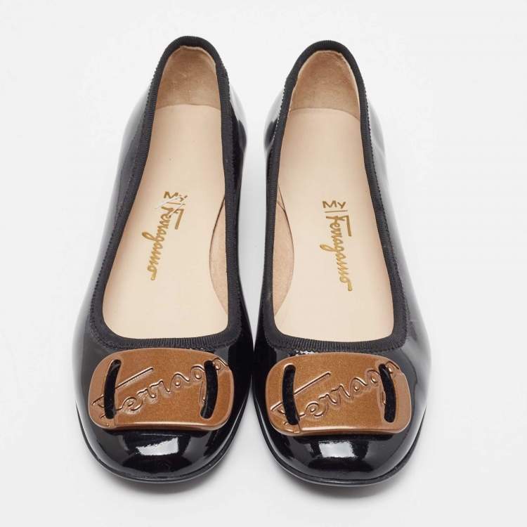 Pre Owned Salvatore Ferragamo Black Patent Leather  Buckle Ballet Flats Size 35.5