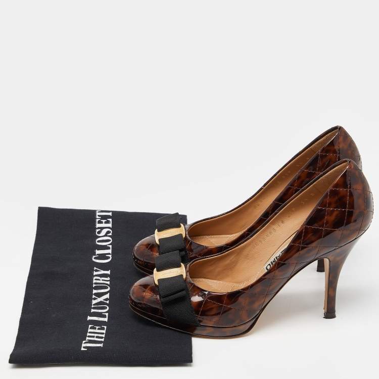 Pre Owned Salvatore Ferragamo Brown Leopard Print Quilted Patent Leather Vara Bow Pumps Size 36