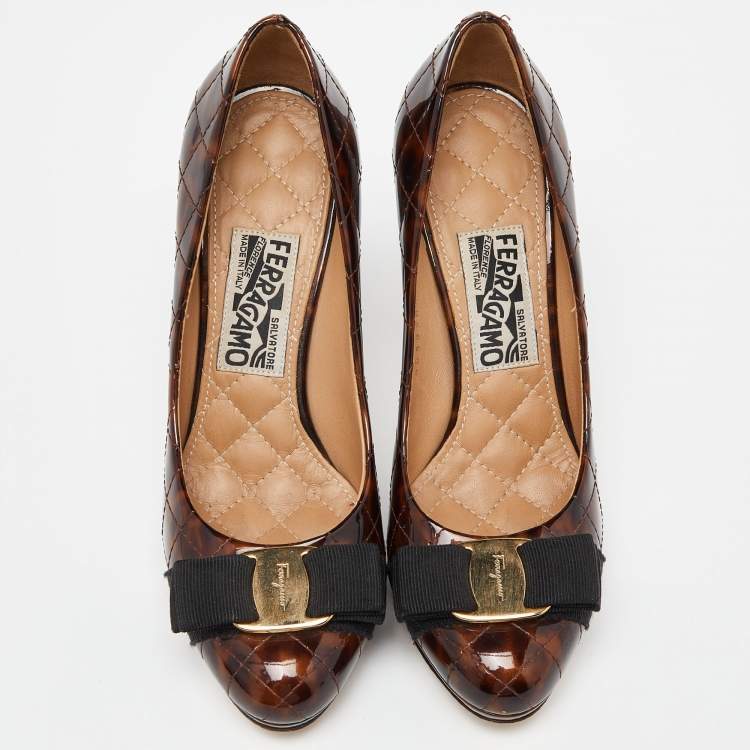 Pre Owned Salvatore Ferragamo Brown Leopard Print Quilted Patent Leather Vara Bow Pumps Size 36