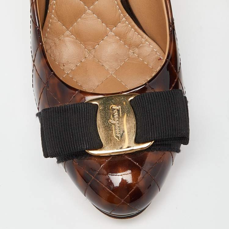 Pre Owned Salvatore Ferragamo Brown Leopard Print Quilted Patent Leather Vara Bow Pumps Size 36