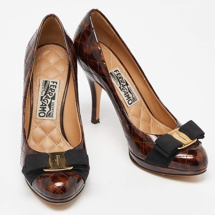 Pre Owned Salvatore Ferragamo Brown Leopard Print Quilted Patent Leather Vara Bow Pumps Size 36