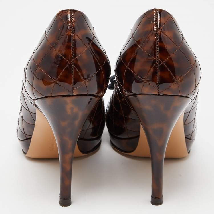 Pre Owned Salvatore Ferragamo Brown Leopard Print Quilted Patent Leather Vara Bow Pumps Size 36