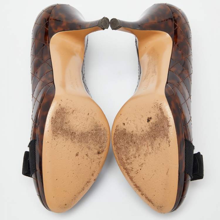 Pre Owned Salvatore Ferragamo Brown Leopard Print Quilted Patent Leather Vara Bow Pumps Size 36