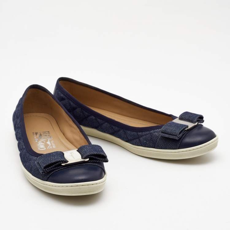 Pre Owned Salvatore Ferragamo Navy Blue Quilted Denim and Leather Varina Bow Ballet Flats Size 37