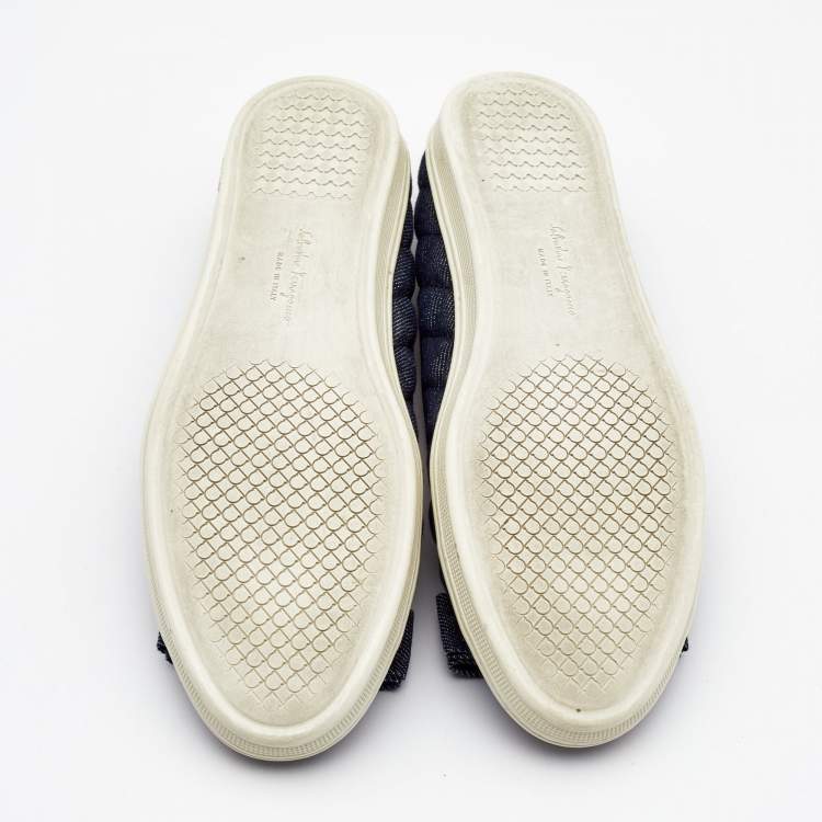 Pre Owned Salvatore Ferragamo Navy Blue Quilted Denim and Leather Varina Bow Ballet Flats Size 37