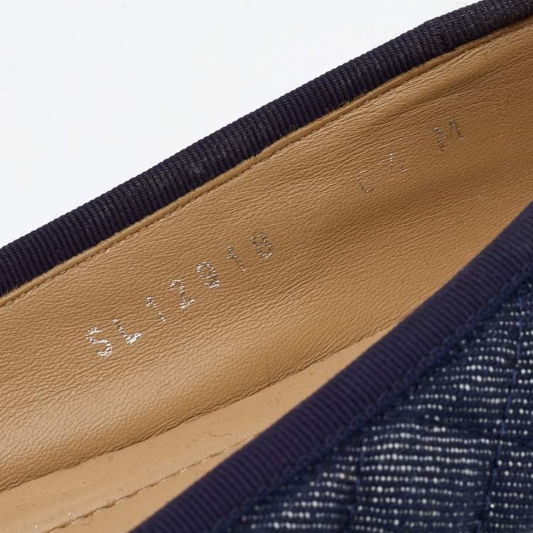 Pre Owned Salvatore Ferragamo Navy Blue Quilted Denim and Leather Varina Bow Ballet Flats Size 37