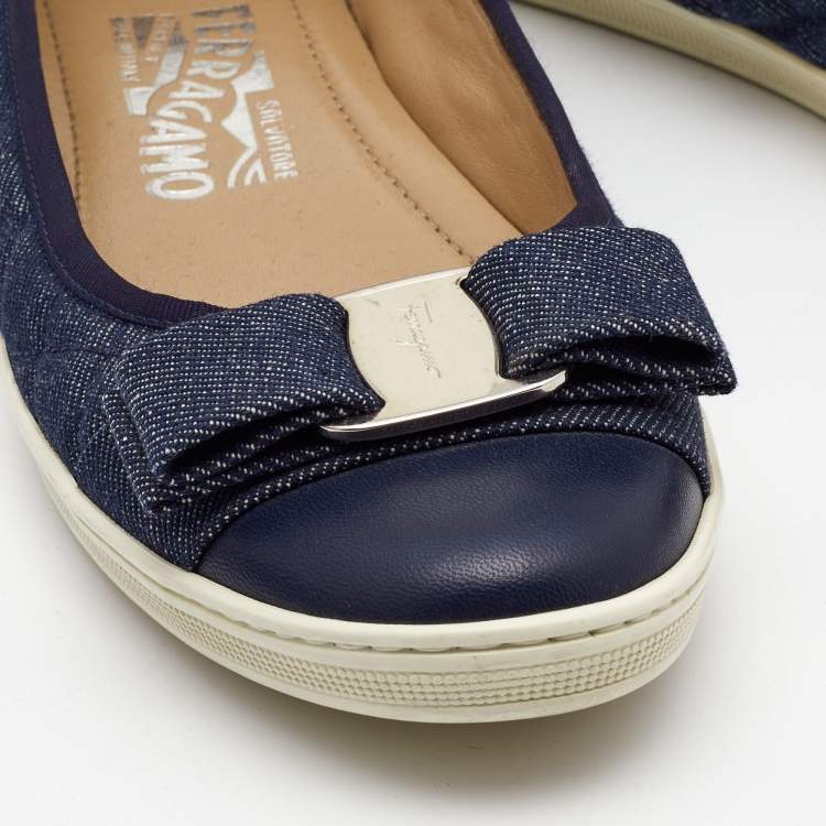 Pre Owned Salvatore Ferragamo Navy Blue Quilted Denim and Leather Varina Bow Ballet Flats Size 37