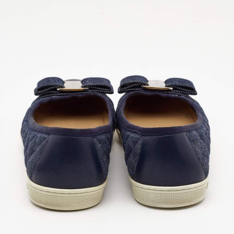 Pre Owned Salvatore Ferragamo Navy Blue Quilted Denim and Leather Varina Bow Ballet Flats Size 37