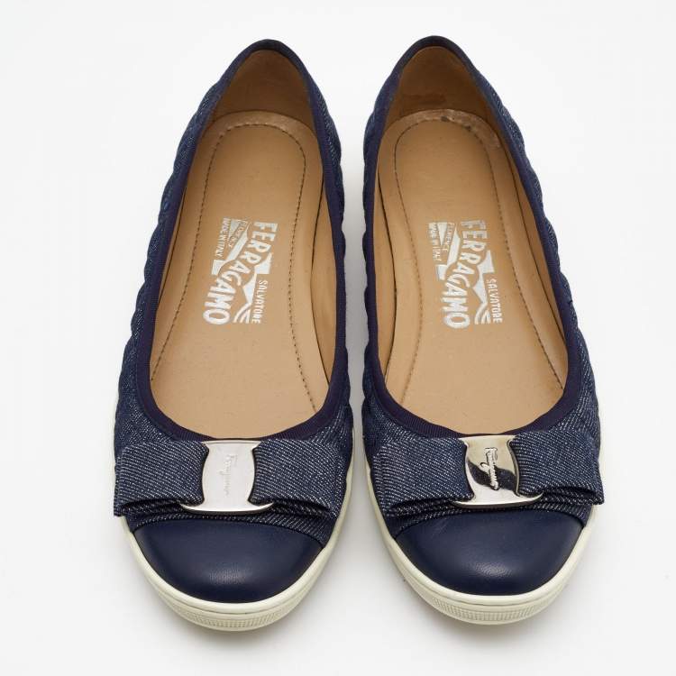 Pre Owned Salvatore Ferragamo Navy Blue Quilted Denim and Leather Varina Bow Ballet Flats Size 37