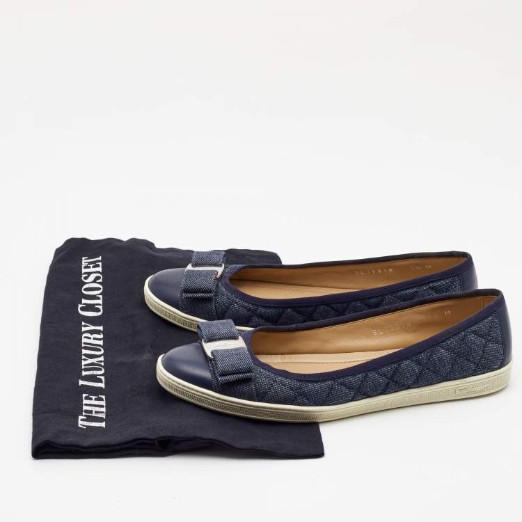 Pre Owned Salvatore Ferragamo Navy Blue Quilted Denim and Leather Varina Bow Ballet Flats Size 37