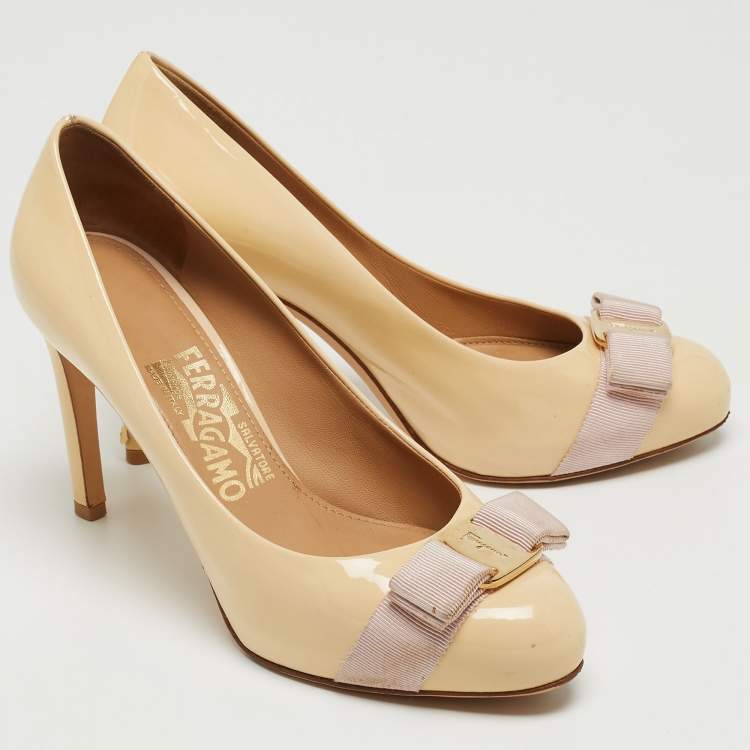Pre Owned Salvatore Ferragamo Beige Patent Leather Carla Vara Bow Platform Pumps Size 36.5
