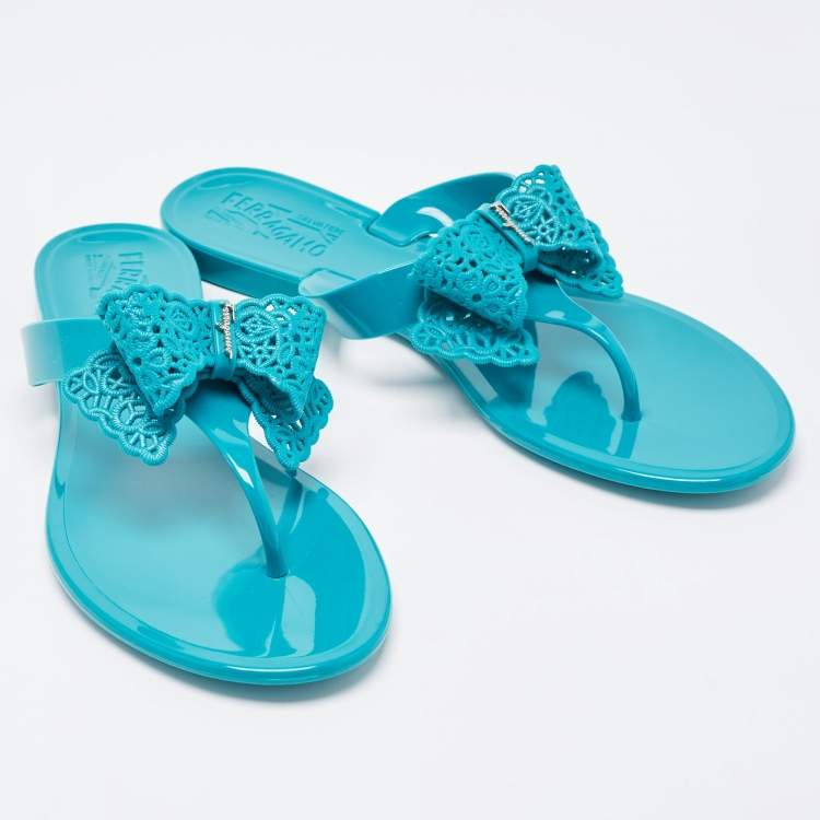 Pre Owned Salvatore Ferragamo Green Jelly Pandy Thong Flats Size 39.5