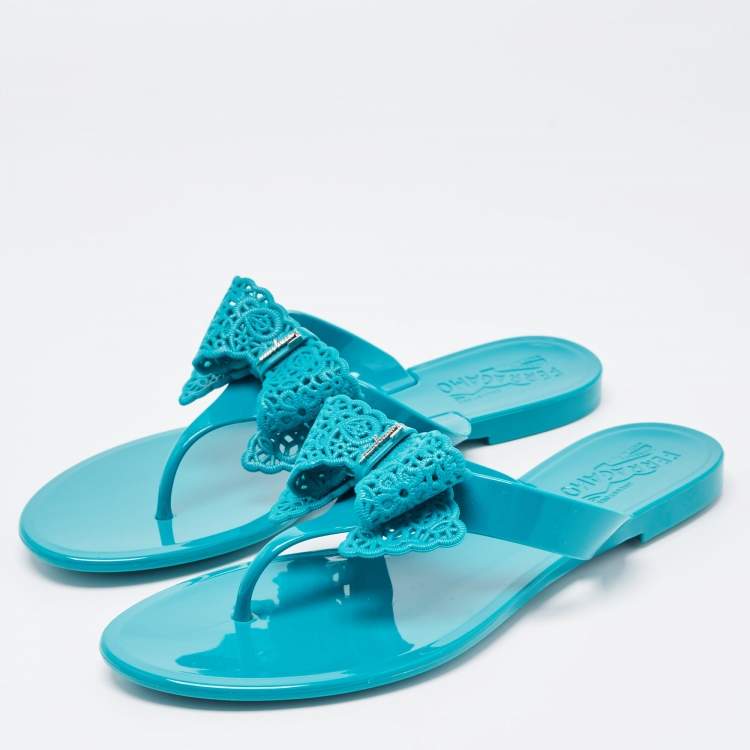 Pre Owned Salvatore Ferragamo Green Jelly Pandy Thong Flats Size 39.5
