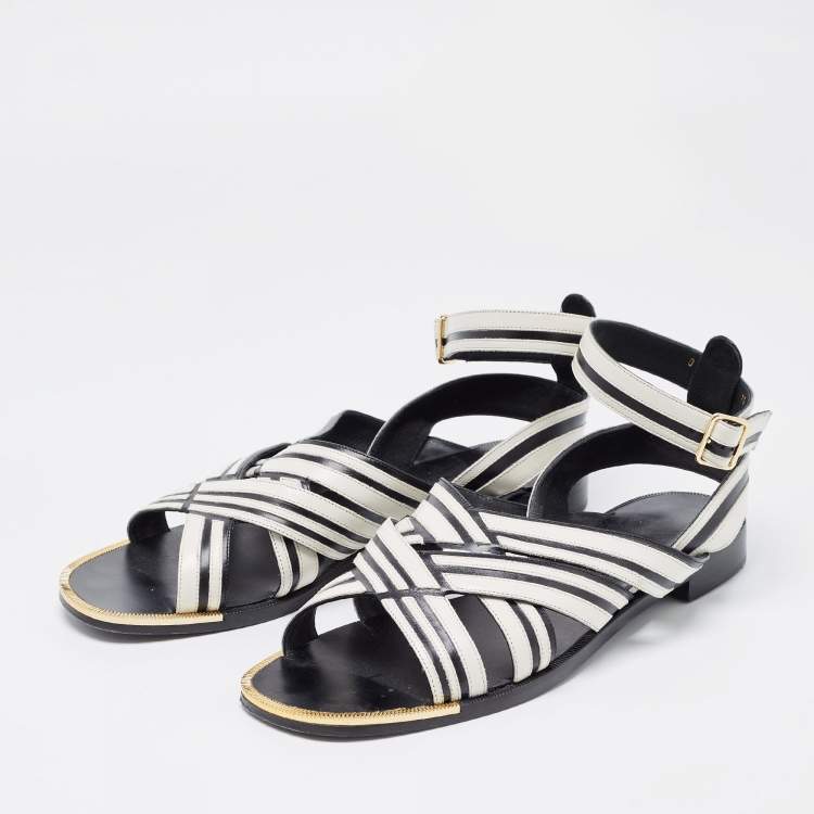 Pre Owned Salvatore Ferragamo Black/White Leather Ankle Strap Sandals Size 40 