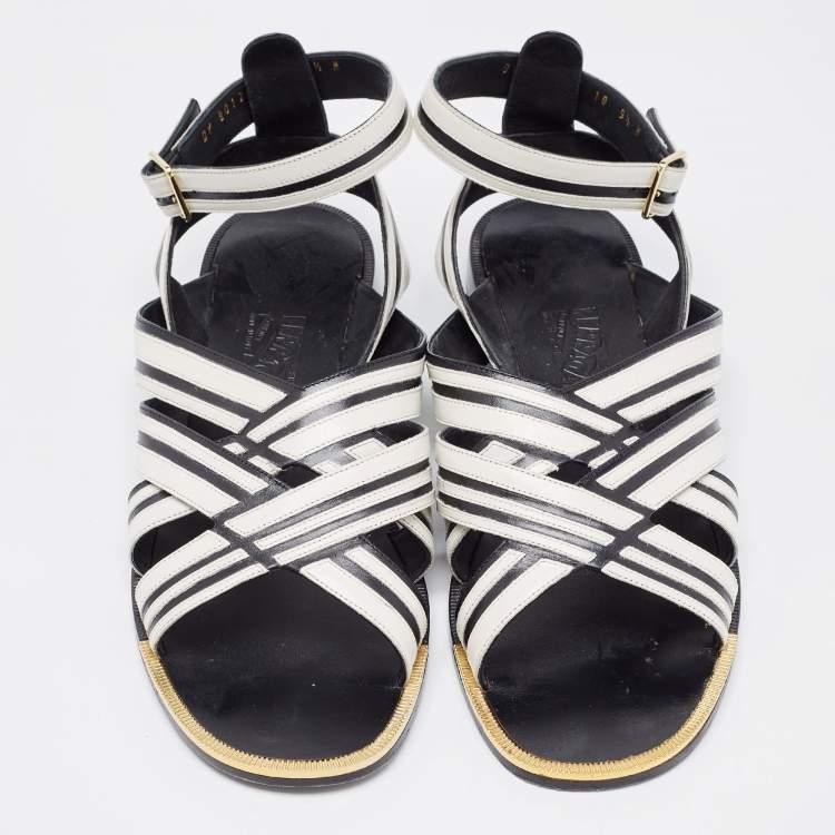 Pre Owned Salvatore Ferragamo Black/White Leather Ankle Strap Sandals Size 40 
