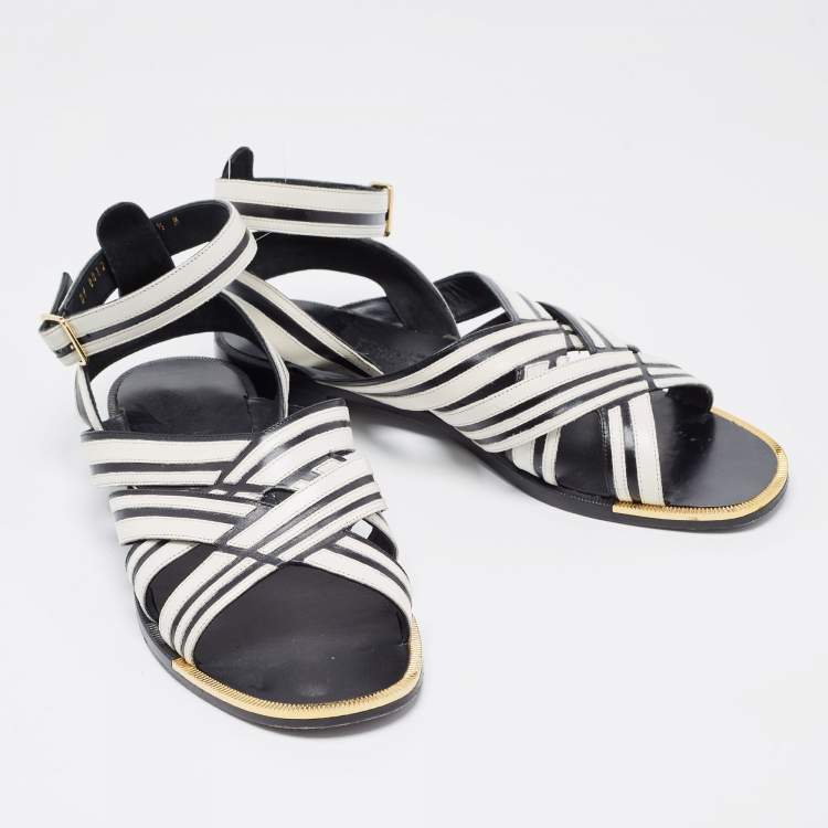 Pre Owned Salvatore Ferragamo Black/White Leather Ankle Strap Sandals Size 40 