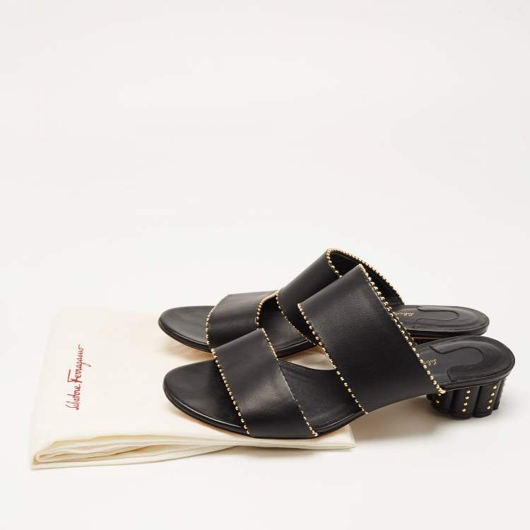 Pre Owned Salvatore Ferragamo Black Leather Studded Slide Sandals Size 40.5 