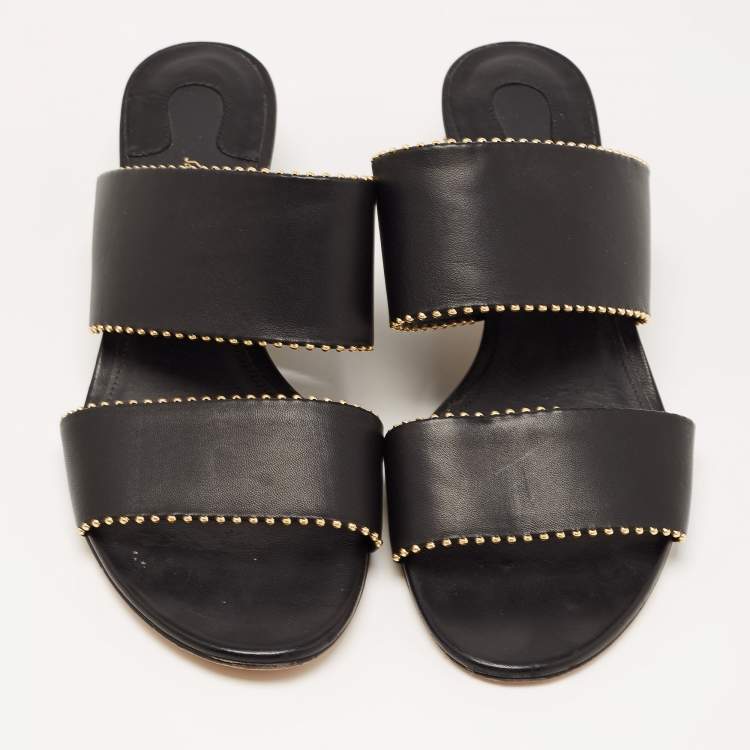 Pre Owned Salvatore Ferragamo Black Leather Studded Slide Sandals Size 40.5 