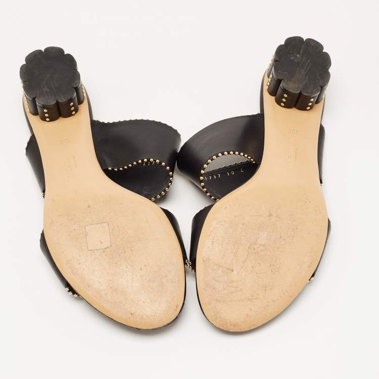Pre Owned Salvatore Ferragamo Black Leather Studded Slide Sandals Size 40.5 