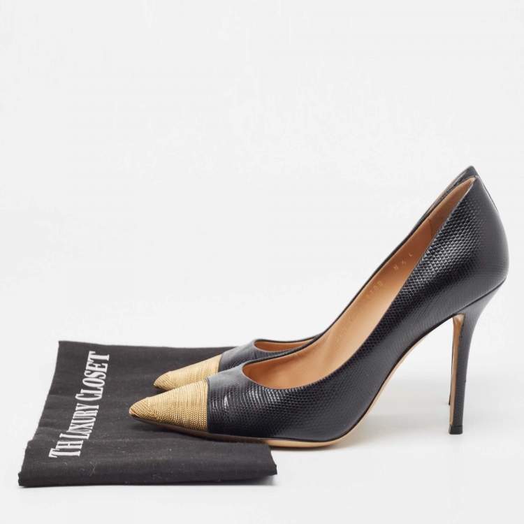 Pre Owned Salvatore Ferragamo Black Textured Leather Chain Cap Toe Pumps Size 39