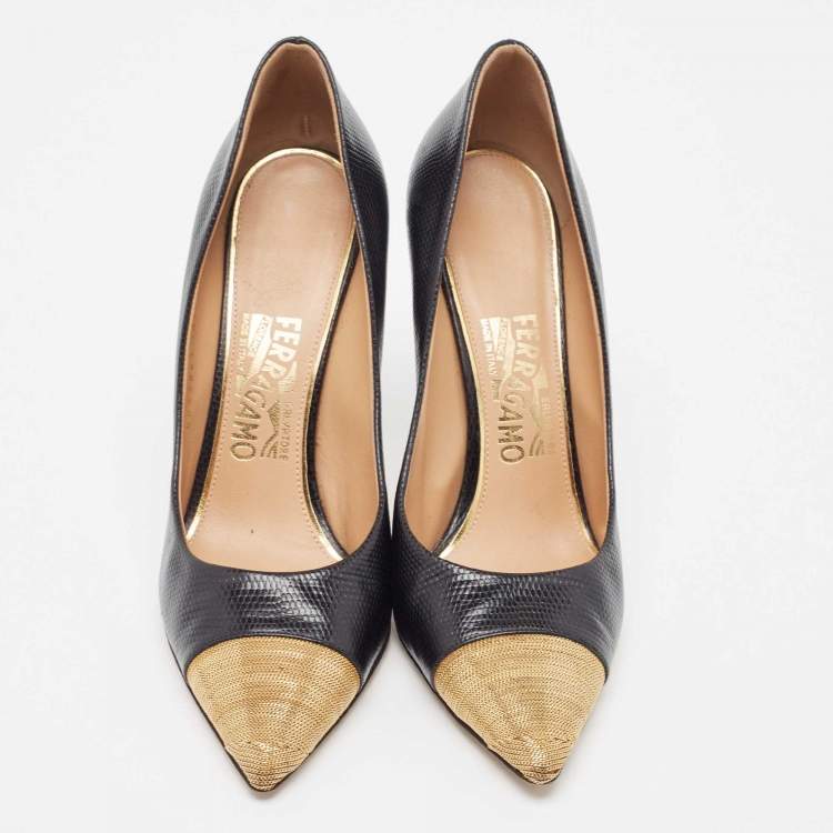 Pre Owned Salvatore Ferragamo Black Textured Leather Chain Cap Toe Pumps Size 39