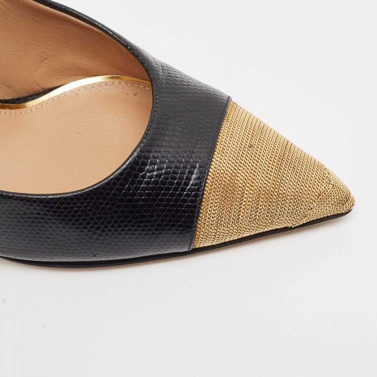 Pre Owned Salvatore Ferragamo Black Textured Leather Chain Cap Toe Pumps Size 39