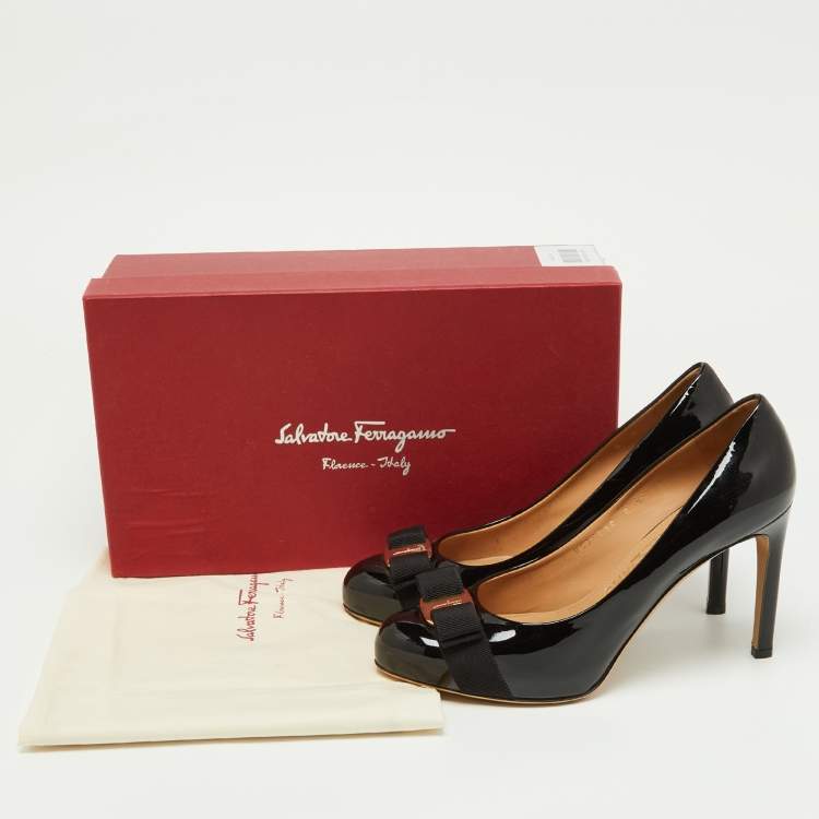 Pre Owned Salvatore Ferragamo Black Patent Leather Carla Vara Bow Platform Pumps Size 38.5