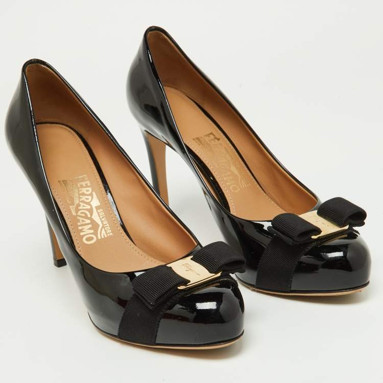 Pre Owned Salvatore Ferragamo Black Patent Leather Carla Vara Bow Platform Pumps Size 38.5