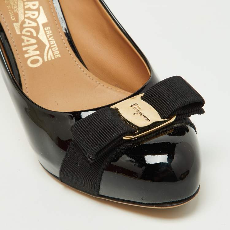 Pre Owned Salvatore Ferragamo Black Patent Leather Carla Vara Bow Platform Pumps Size 38.5