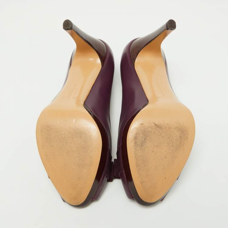 Pre Owned Salvatore Ferragamo Purple Leather Vara Bow Peep Toe Pumps Size 38.5