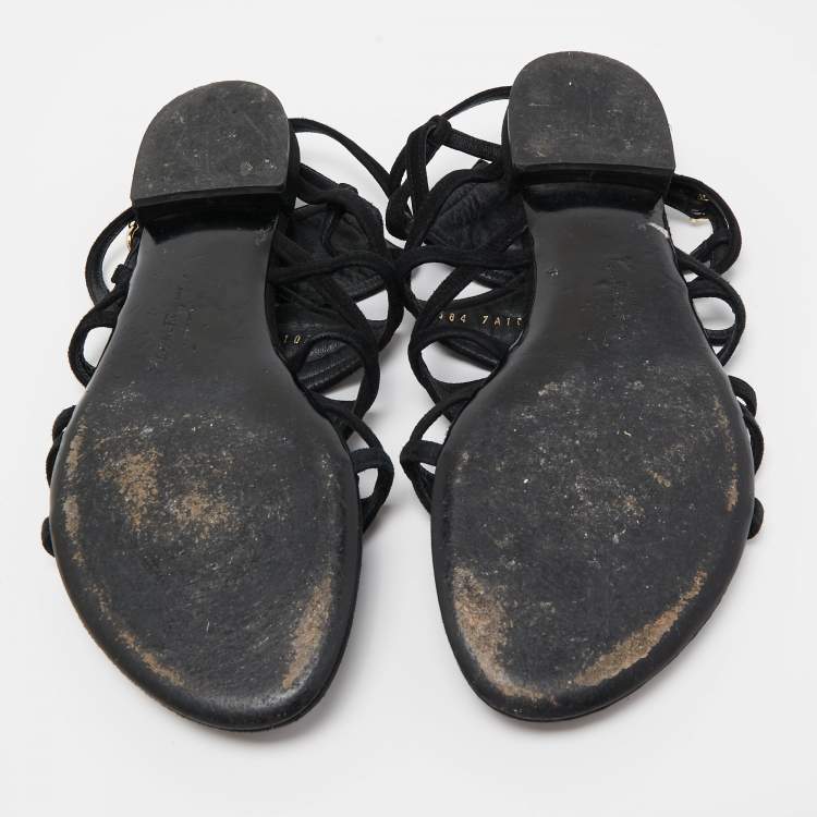 Pre Owned Salvatore Ferragamo Black Suede Embellished Slingback Flat Sandals Size 39