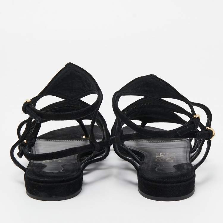 Pre Owned Salvatore Ferragamo Black Suede Embellished Slingback Flat Sandals Size 39