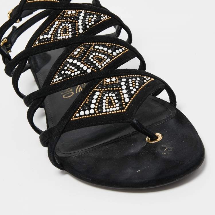 Pre Owned Salvatore Ferragamo Black Suede Embellished Slingback Flat Sandals Size 39