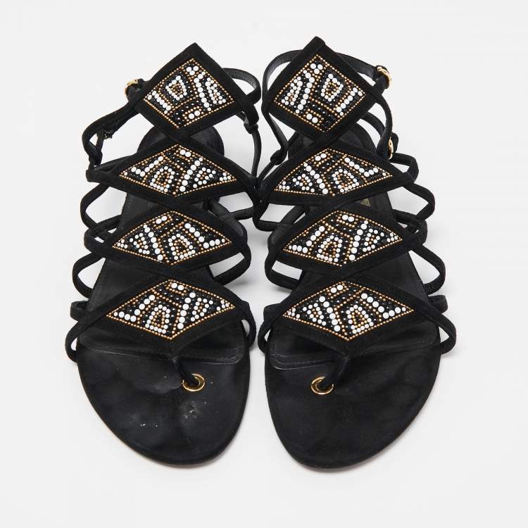 Pre Owned Salvatore Ferragamo Black Suede Embellished Slingback Flat Sandals Size 39