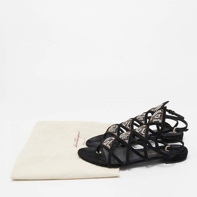 Pre Owned Salvatore Ferragamo Black Suede Embellished Slingback Flat Sandals Size 39