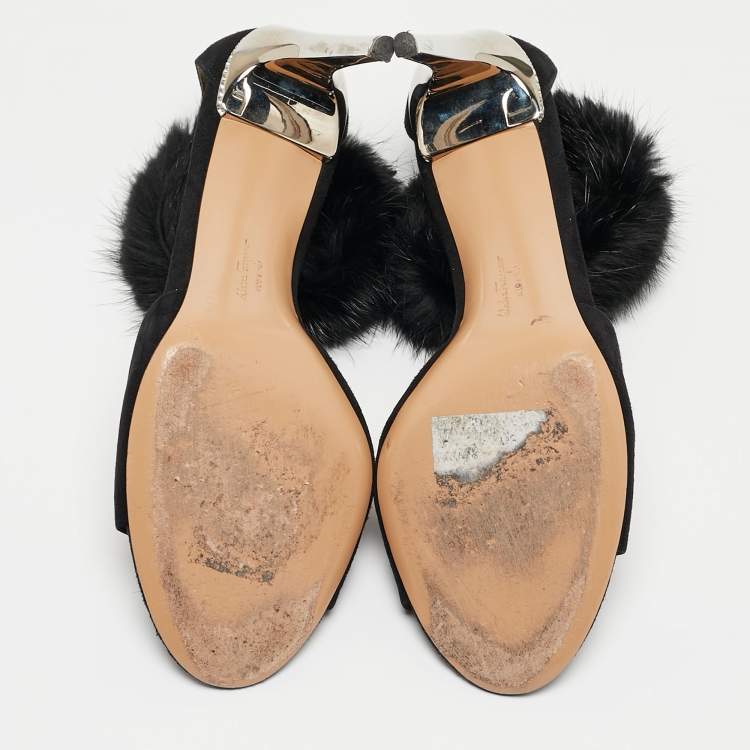 Pre Owned Salvatore Ferragamo Black Suede and Fur Ankle Strap Sandals Size 39