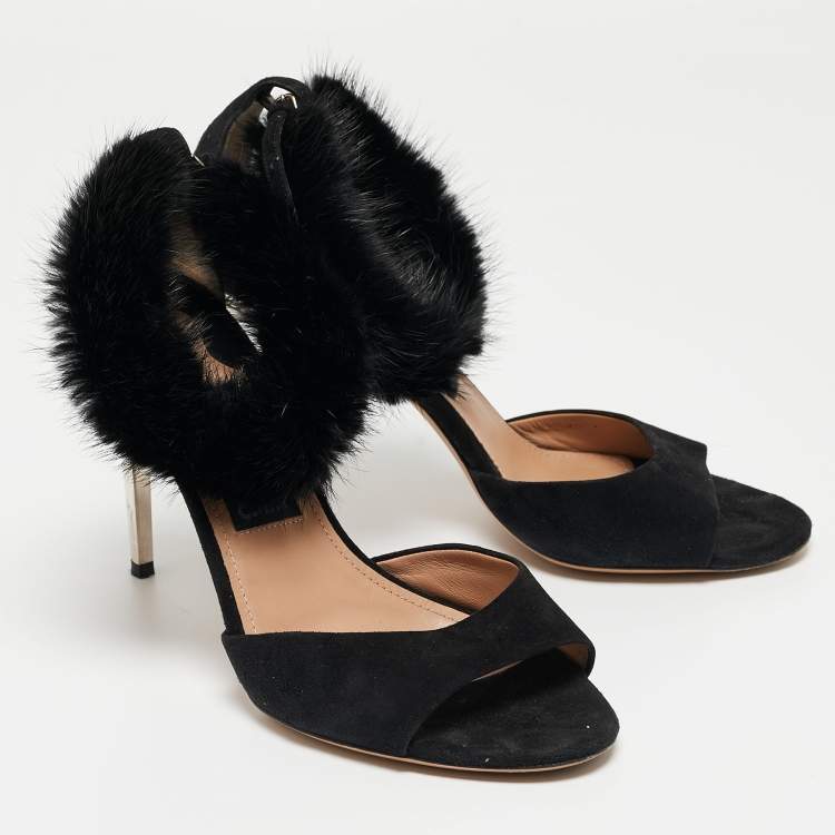 Pre Owned Salvatore Ferragamo Black Suede and Fur Ankle Strap Sandals Size 39