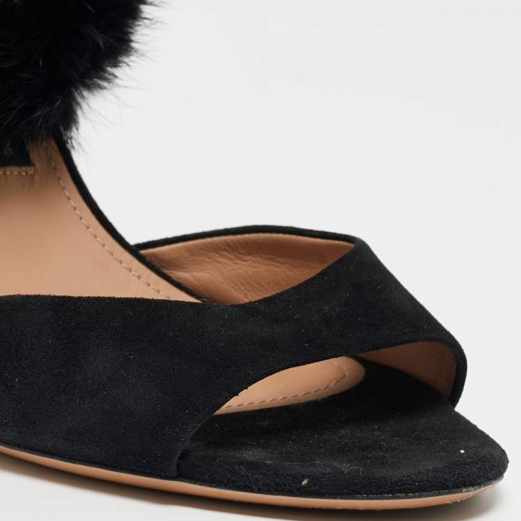 Pre Owned Salvatore Ferragamo Black Suede and Fur Ankle Strap Sandals Size 39