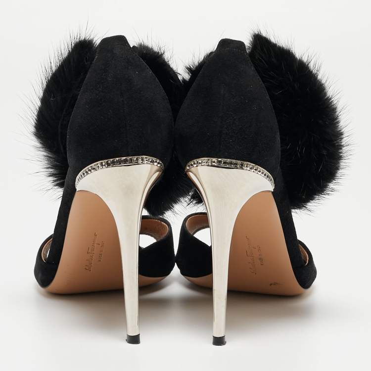 Pre Owned Salvatore Ferragamo Black Suede and Fur Ankle Strap Sandals Size 39