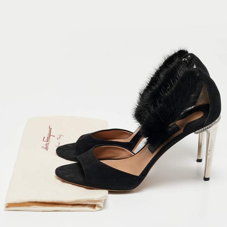 Pre Owned Salvatore Ferragamo Black Suede and Fur Ankle Strap Sandals Size 39
