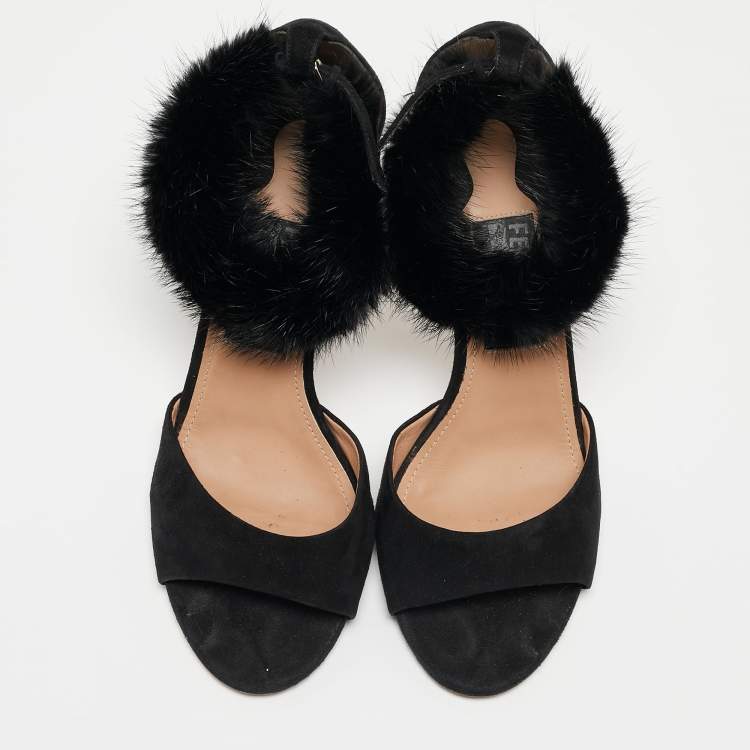 Pre Owned Salvatore Ferragamo Black Suede and Fur Ankle Strap Sandals Size 39