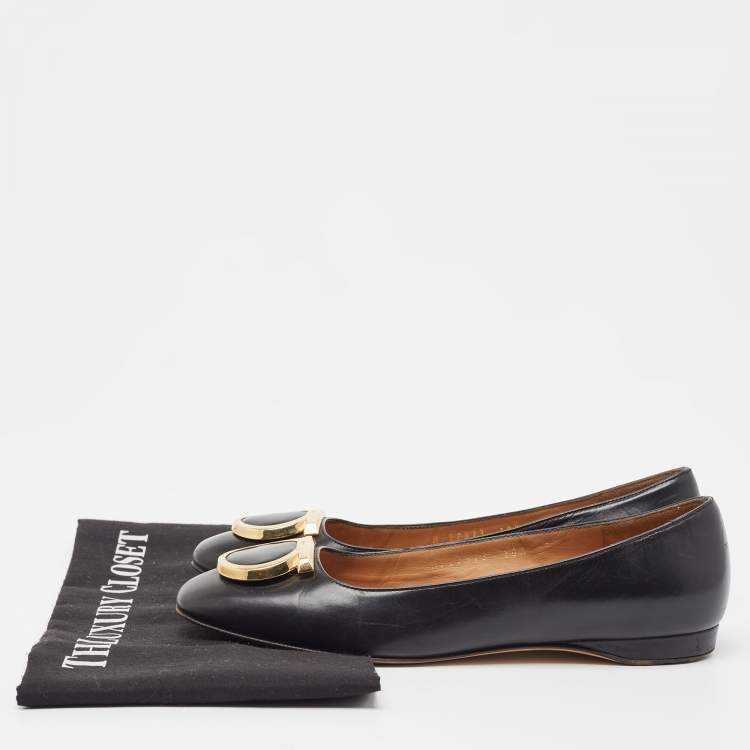 Pre Owned Salvatore Ferragamo Black Leather Buckle Ballet Flats Size 36.5
