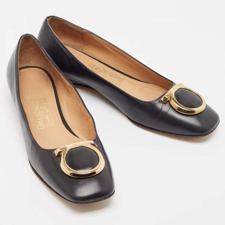 Pre Owned Salvatore Ferragamo Black Leather Buckle Ballet Flats Size 36.5