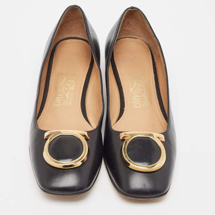 Pre Owned Salvatore Ferragamo Black Leather Buckle Ballet Flats Size 36.5