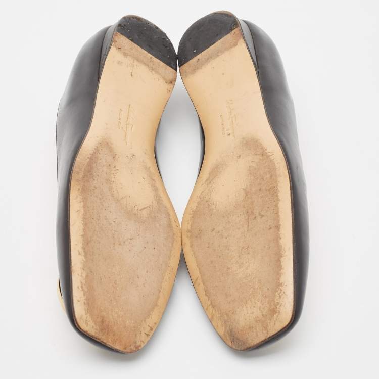 Pre Owned Salvatore Ferragamo Black Leather Buckle Ballet Flats Size 36.5
